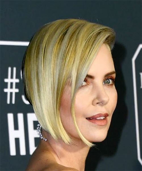 Charlize Theron Short Straight Platinum Blonde Bob Half Up Haircut With Side Swept Bangs
