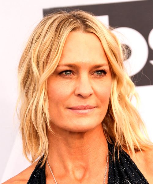 Robin Wright Medium Wavy    Blonde Bob  with Layered Bangs - side on view