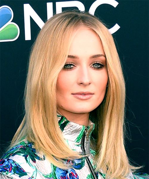 Sophie Turner Long Straight    Blonde   with Side Swept Bangs - side on view