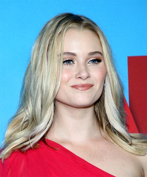 Virginia Gardner Long Straight   Light Blonde and Light Brunette Two-Tone   with Layered Bangs - side on view