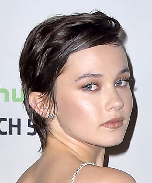 Cailee Spaeny Dark Brunette Pixie  with Side Swept Bangs - side on view