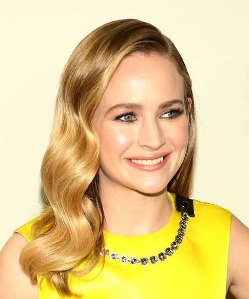 Britt Robertson  Long Wavy    Blonde   with Side Swept Bangs - side on view