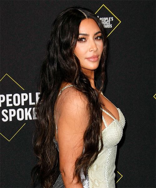 Kim Kardashian Long Wavy   Black    Hairstyle   - Side on View