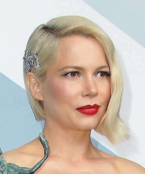 Michelle Williams Short Straight   Light Blonde Bob  with Side Swept Bangs - side on view