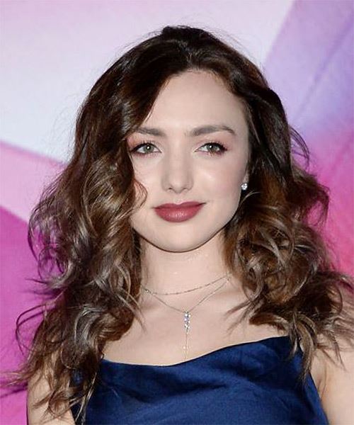 Peyton List Long Curly   Dark Copper Brunette   Hairstyle with Side Swept Bangs  - Side on View