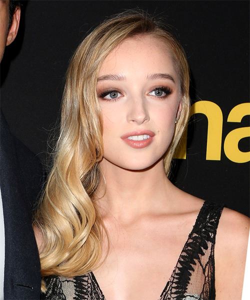 Phoebe Dynevor Long Wavy   Light Blonde   with Side Swept Bangs  and Light Grey Highlights - side on view