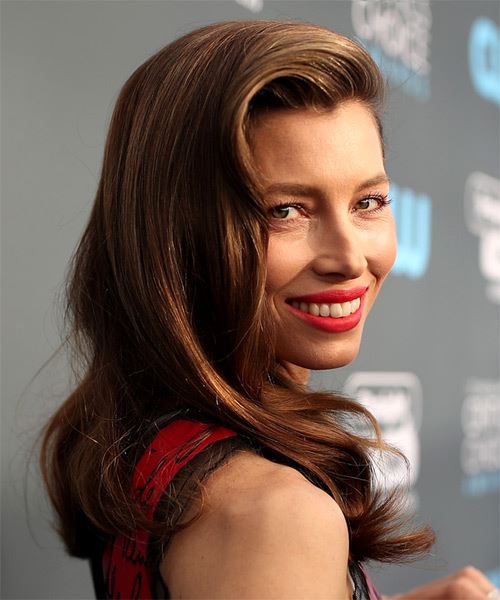 Jessica Biel Long Straight    Brunette   with Side Swept Bangs  and Light Brunette Highlights - side on view