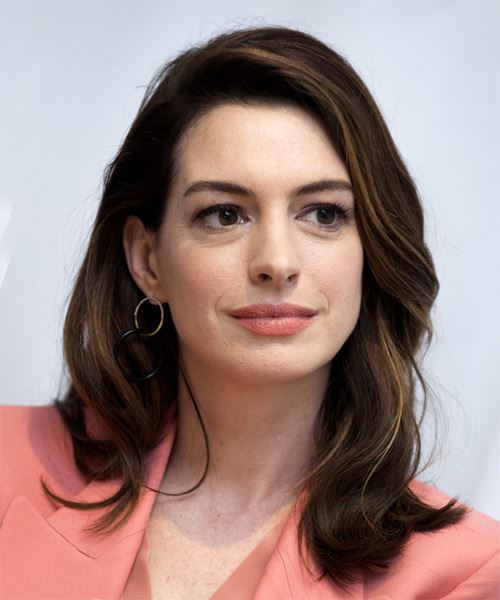 Anne Hathaway Long Straight   Dark Brunette   with Side Swept Bangs  and Light Brunette Highlights - side on view