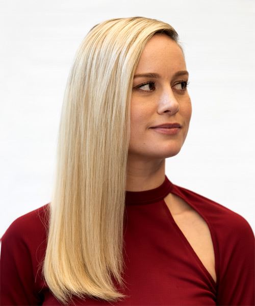 Brie Larson Long Straight   Light Blonde   with Side Swept Bangs - side on view