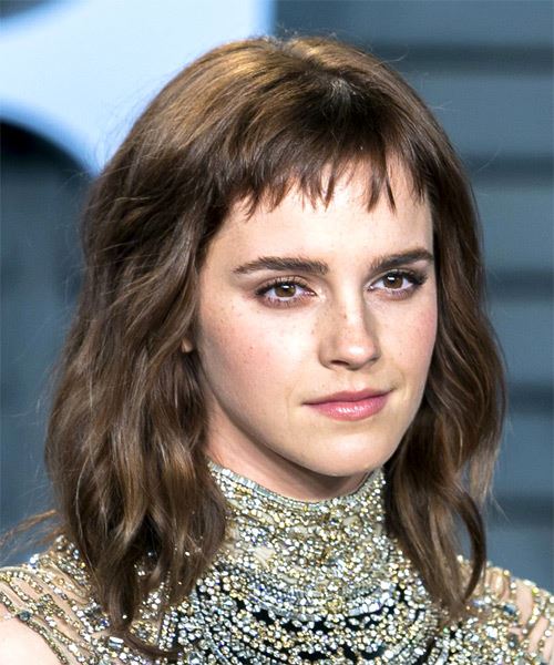 Emma Watson Medium Wavy Layered   Brunette Bob  Haircut with Asymmetrical Bangs  - Side on View