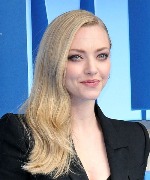 Amanda Seyfried Long Straight   Light Blonde   Hairstyle with Side Swept Bangs  - Side on View