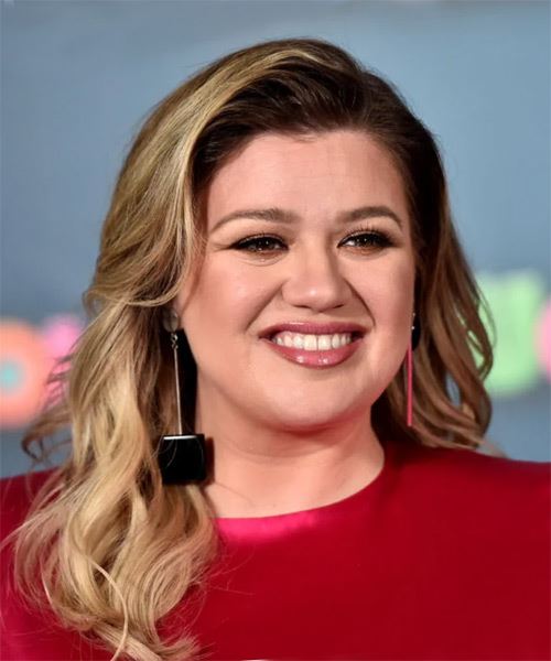 Kelly Clarkson Long Wavy    Brunette and  Blonde Two-Tone   Hairstyle   - Side on View