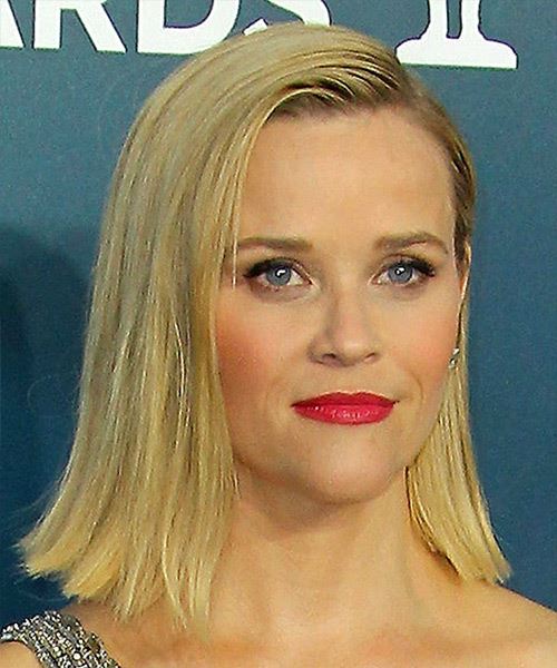Reese Witherspoon Medium Straight   Light Blonde Bob  Haircut with Side Swept Bangs  - Side on View