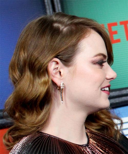 Emma Stone Long Wavy    Red   Hairstyle with Side Swept Bangs  - Side on View