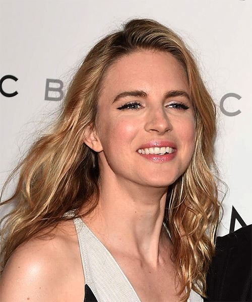 Brit Marling Long Wavy   Light Brunette   Hairstyle with Side Swept Bangs  and Light Blonde Highlights - Side on View