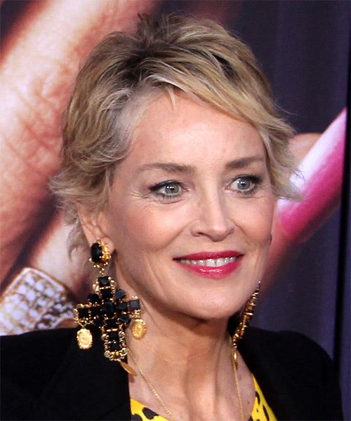 Sharon Stone Short Wavy    Grey Bob  Haircut with Side Swept Bangs  and  Blonde Highlights - Side on View