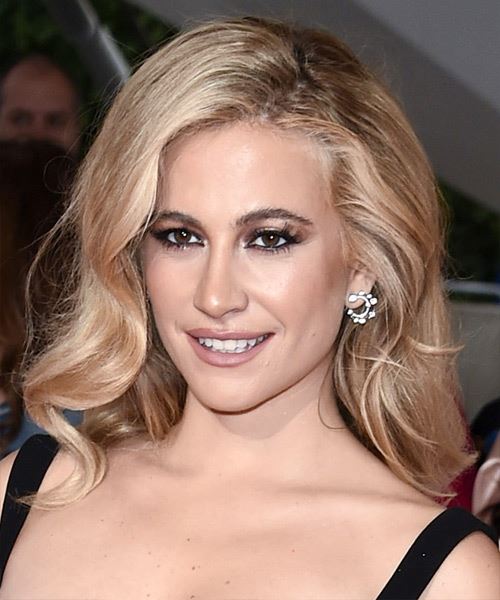Pixie Lott Long Wavy   Light Copper Blonde   Hairstyle with Side Swept Bangs  - Side on View