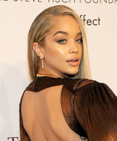 Jasmine Sanders Long Straight    Blonde   with Side Swept Bangs  and Light Blonde Highlights - side on view