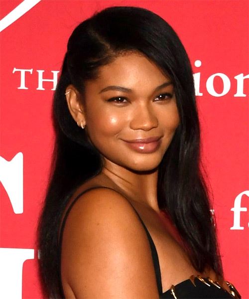 Chanel Iman Long Straight   Black    with Side Swept Bangs - side on view