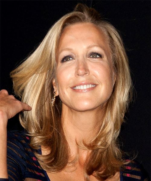 Lara Spencer Long Straight Layered  Light Brunette Bob    with  Blonde Highlights - side on view