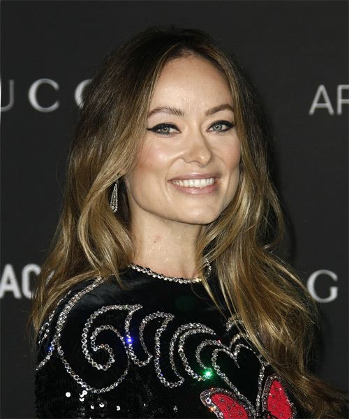 Olivia Wilde Long Straight    Brunette   Hairstyle   with  Blonde Highlights - Side on View