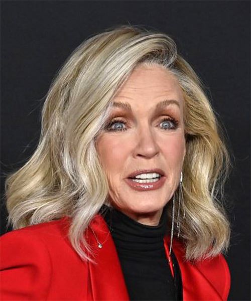 Donna Mills Medium Wavy Layered  Light Grey Bob  Haircut with Side Swept Bangs  and Light Blonde Highlights - Side on View