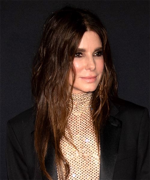 Sandra Bullock Long Wavy   Dark Brunette   Hairstyle with Layered Bangs  and  Brunette Highlights - Side on View
