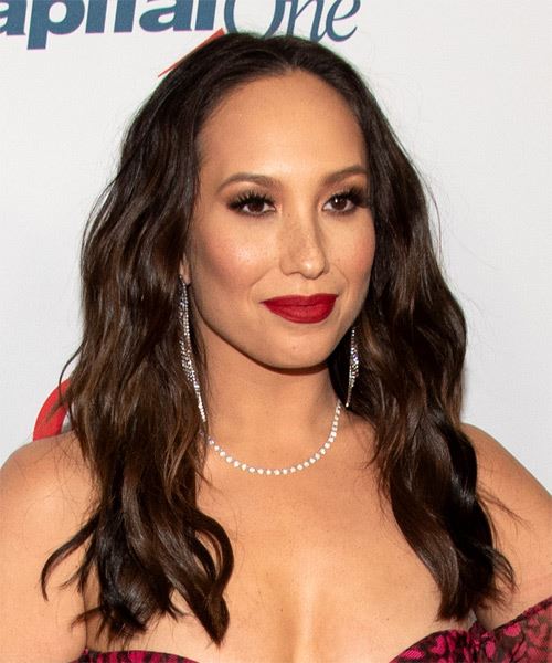 Cheryl Burke Long Wavy   Dark Brunette   Hairstyle with Layered Bangs  and Light Brunette Highlights - Side on View