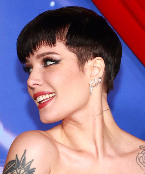 Halsey   Layered  Black  Pixie  Cut with Layered Bangs  - Side on View