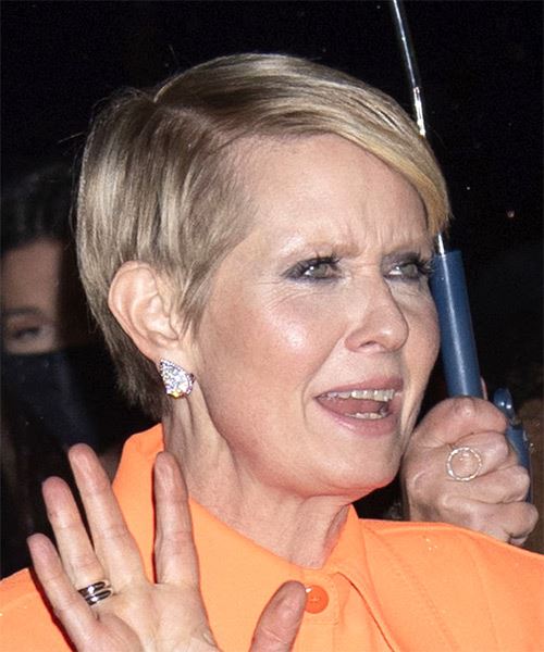 Cynthia Nixon      Grey Pixie  Cut   with  Blonde Highlights - Side on View