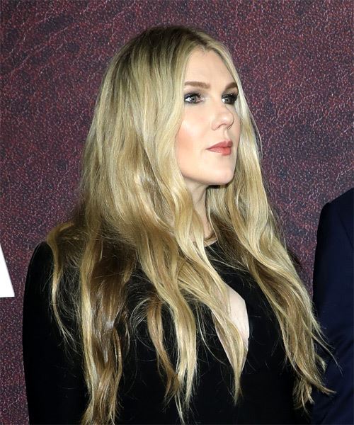 Lily Rabe Long Wavy    Blonde   Hairstyle with Layered Bangs  and Light Blonde Highlights - Side on View