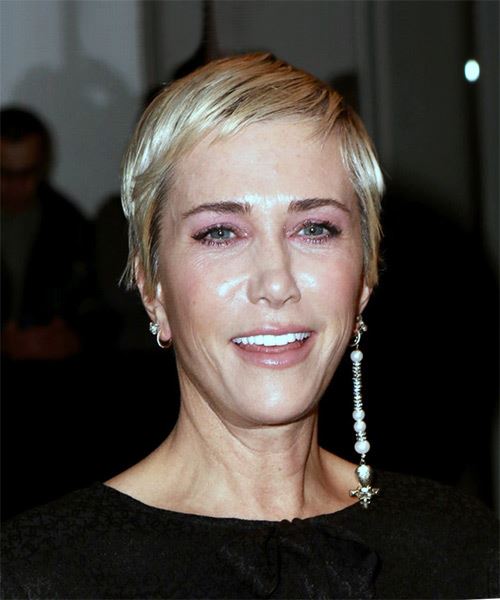 Kristen Wiig      Grey Pixie  Cut with Layered Bangs  and Light Blonde Highlights - Side on View