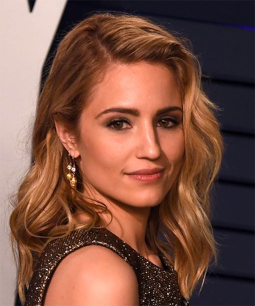 Dianna Agron Long Wavy    Blonde   with Side Swept Bangs  and Light Blonde Highlights - side on view
