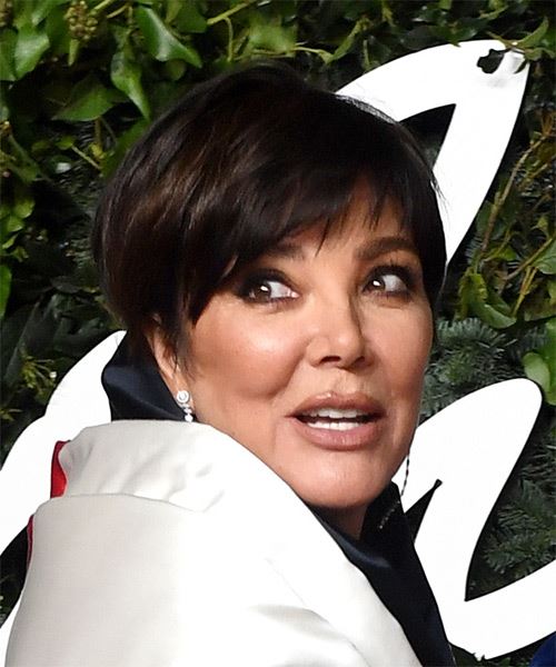 Kris Jenner Layered  Black  Pixie    with Light Brunette Highlights - side on view
