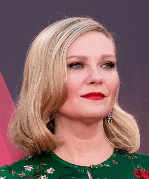 Kirsten Dunst Medium Straight Layered  Light Blonde Bob  with Side Swept Bangs  and  Blonde Highlights - side on view