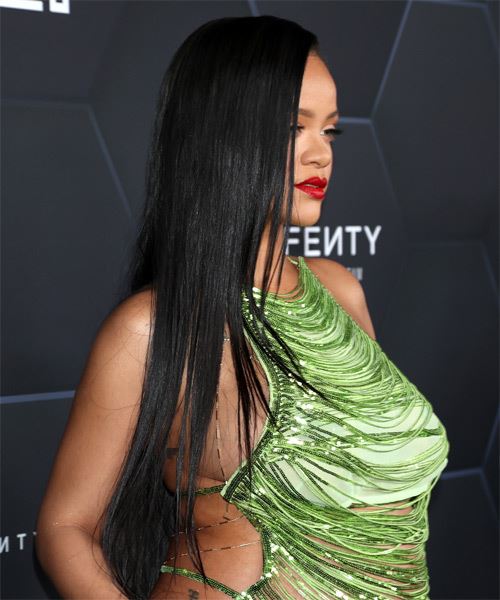 Rihanna Long Black Sleek Hairstyle With Side Swept Bangs - side on view