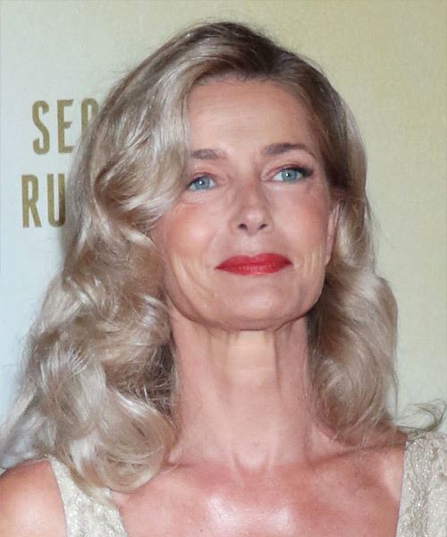 Paulina Porizkova Long Curly    Grey   with Side Swept Bangs  and Light Grey Highlights - side on view