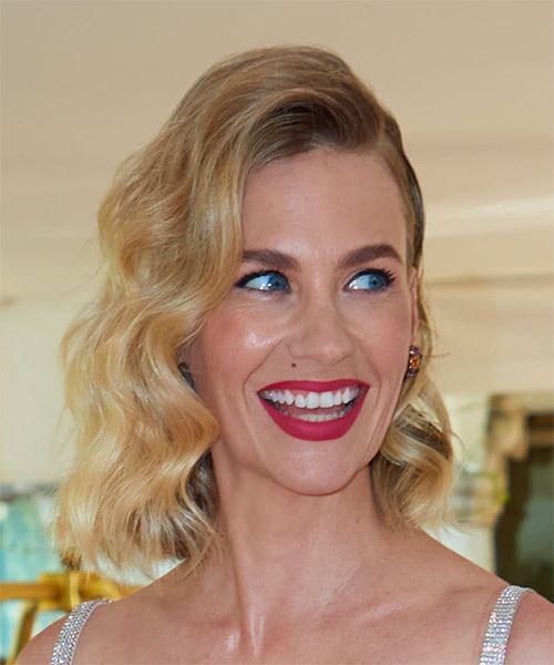 January Jones Medium Wavy Layered   Blonde Bob  with Side Swept Bangs  and Light Blonde Highlights - side on view