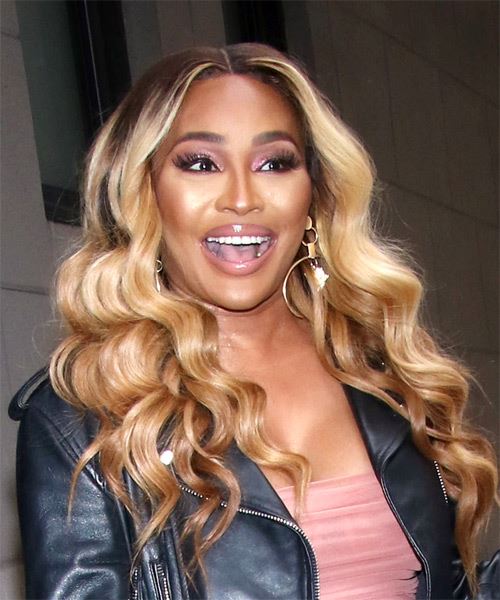 Cynthia Bailey Long Wavy    Brunette     with  Blonde Highlights - side on view
