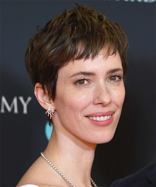 Rebecca Hall Layered  Dark Brunette Pixie    with Light Brunette Highlights - side on view