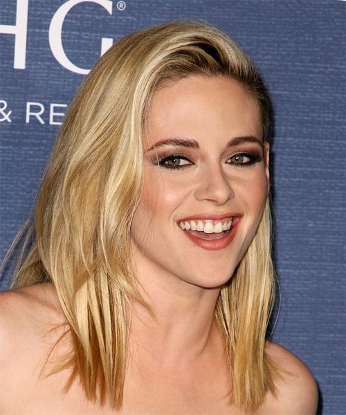 Kristen Stewart Long Straight Blonde Hairstyle with Side Swept Bangs