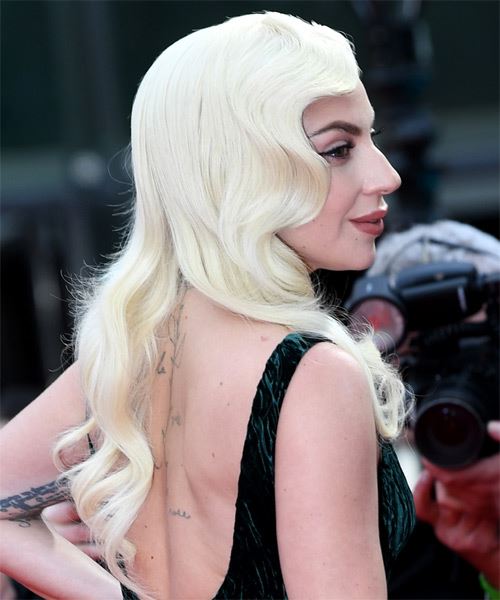 Lady GaGa Long Wavy   White   with Side Swept Bangs - side on view