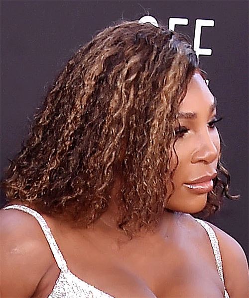 Serena Williams Medium Curly Layered  Dark Brunette Bob  with Side Swept Bangs  and  Blonde Highlights - side on view