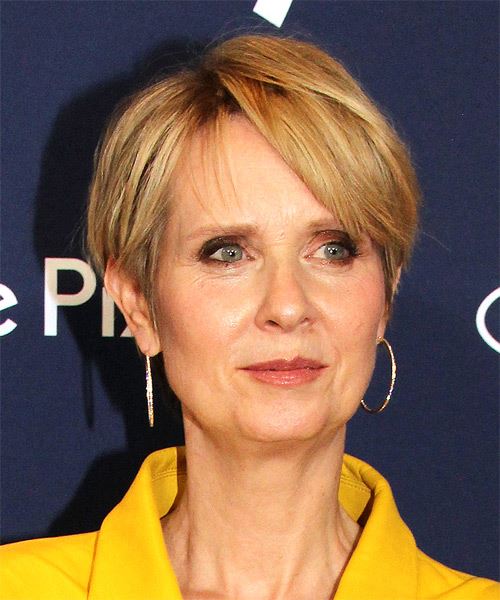 Cynthia Nixon Layered  Light Brunette Pixie    with  Blonde Highlights - side on view