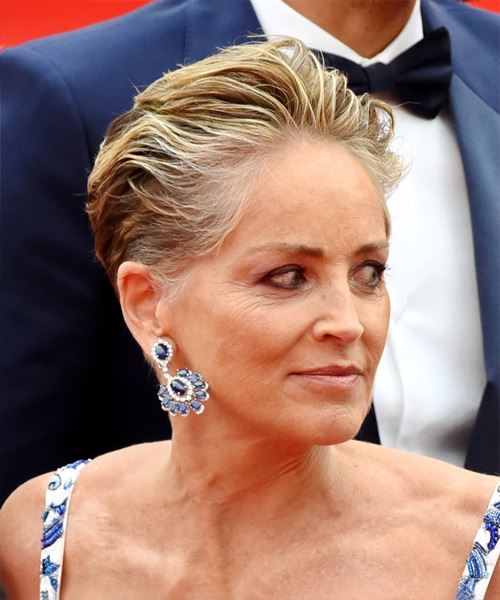 Sharon Stone Layered  Light Brunette Pixie    with Light Blonde Highlights - side on view