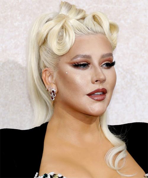Christina Aguilera Long Curly   White  Half Up Half Down - side on view