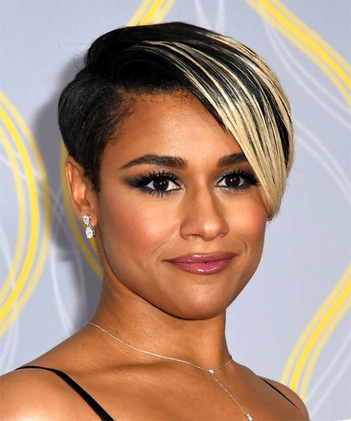 Ariana DeBose Black  Pixie  with Side Swept Bangs  and Light Blonde Highlights - side on view