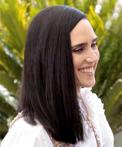 Jennifer Connelly Medium Straight   Black  Bob  with Side Swept Bangs - side on view