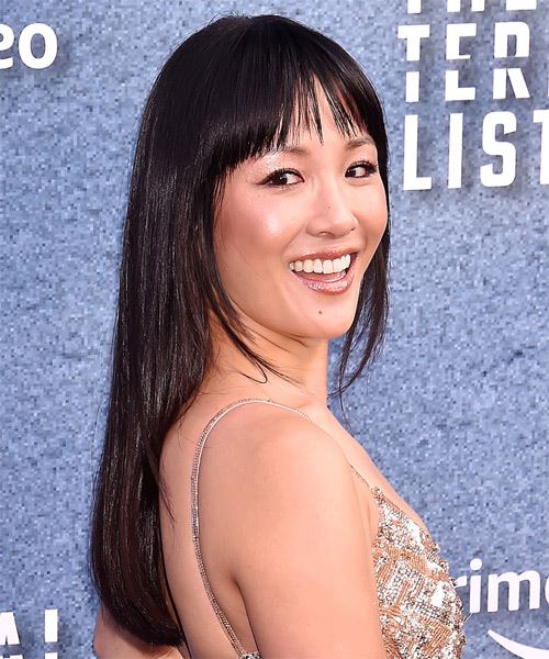 Constance Wu Long Straight   Black    with Blunt Cut Bangs - side on view