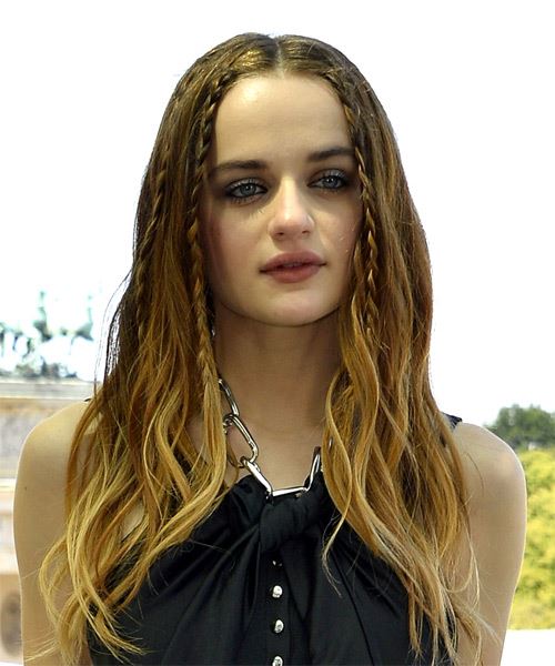 Joey King Long Wavy   Light Red     with Light Blonde Highlights - side on view